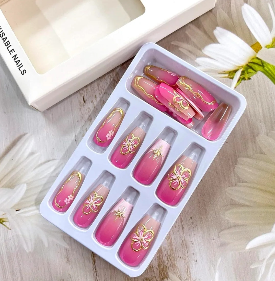 Stylish Pink Gold Butterfly Floral Nails Press-On Nails Fake Artificial Nails 24 Pcs-Free Shipping