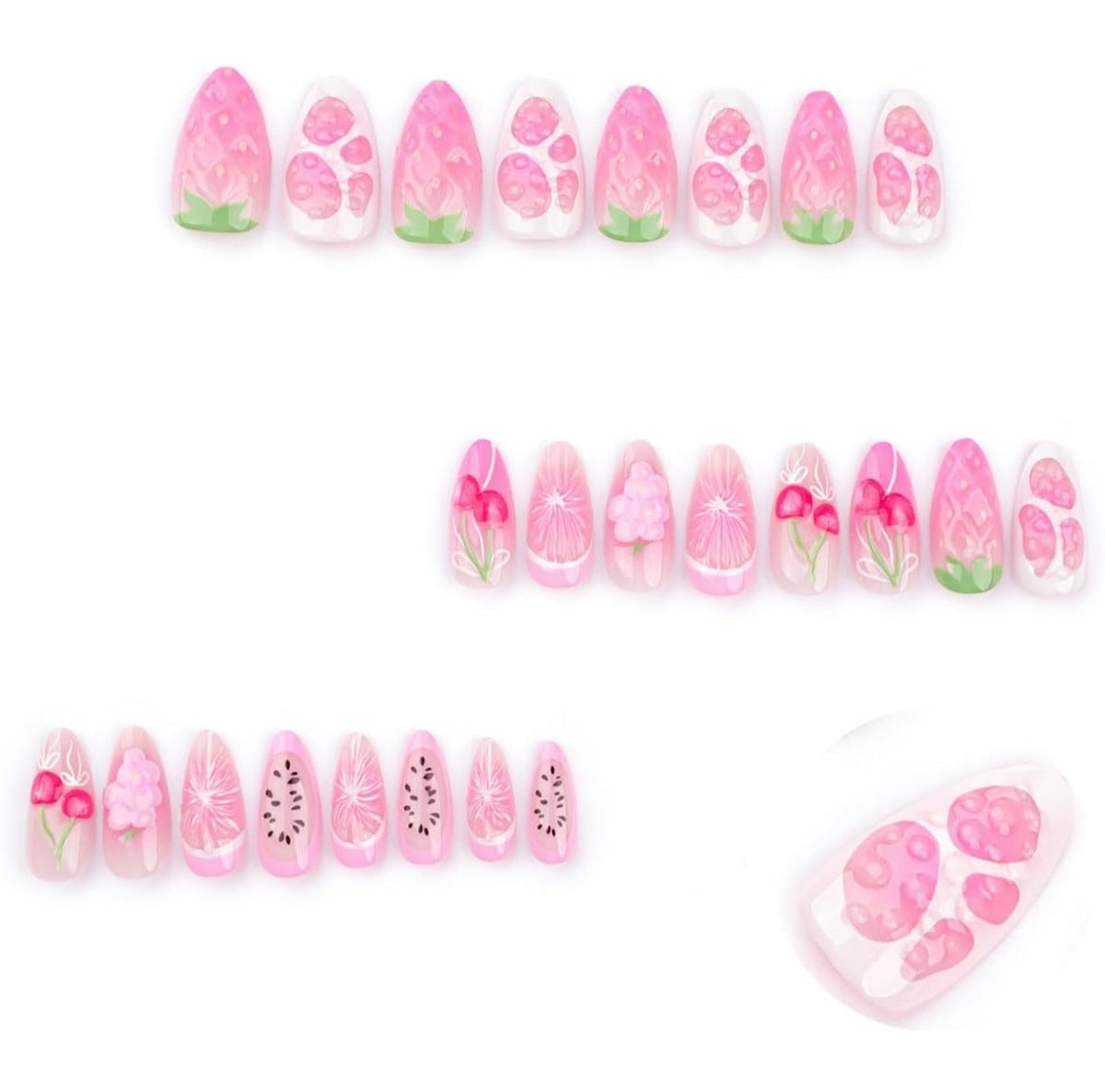 Stylish 3D Pink Cherry Grape Press-On Nails Fake Nails 24 Pcs - Free Shipping