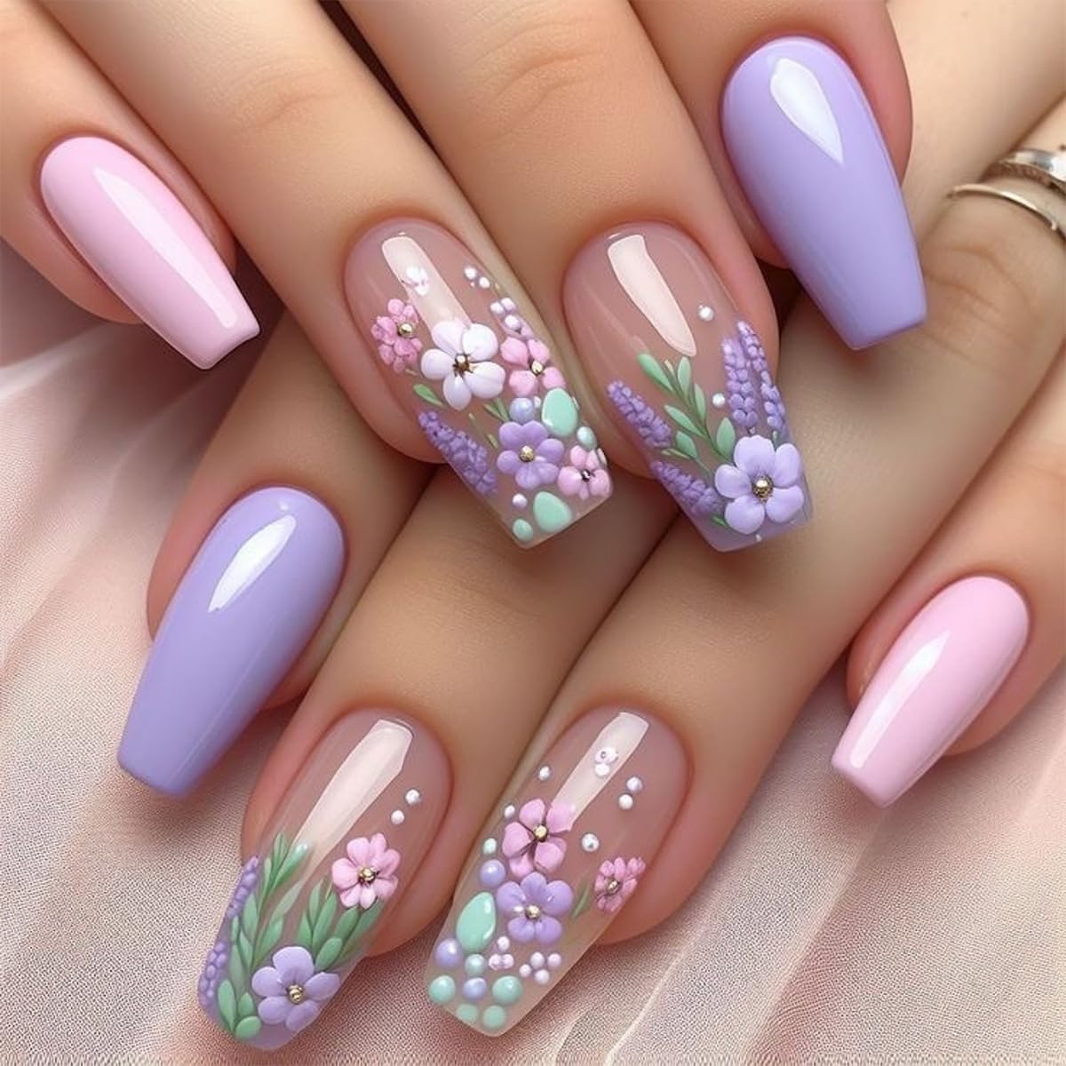 Stylish Colorful Pastel Floral Garden Press-On Nails Fake Artificial Nails 24 Pcs-Free Shipping