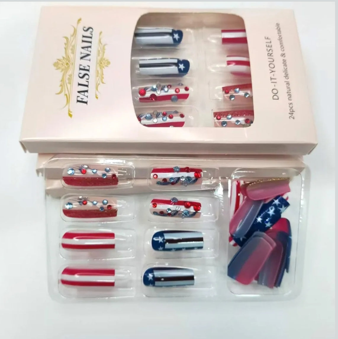 Elegant American Flag Glitter Star Stripes Press-On Nails Fake Artificial Nails  24 Pcs – Free Shipping