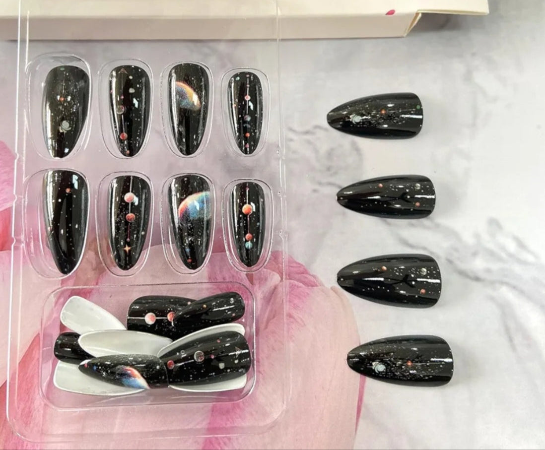 Stylish Black Galaxy Space Nail Art Press-On Nails Fake Artificial Nails 24 Pcs – Free Shipping