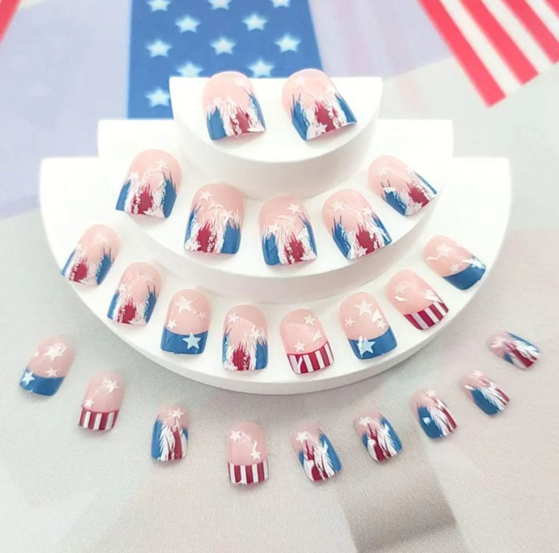 Trendy Patriotic Red White Blue French Tip Star Design Press-On Nails Fake Artificial Nails 24 Pcs-Free Shipping