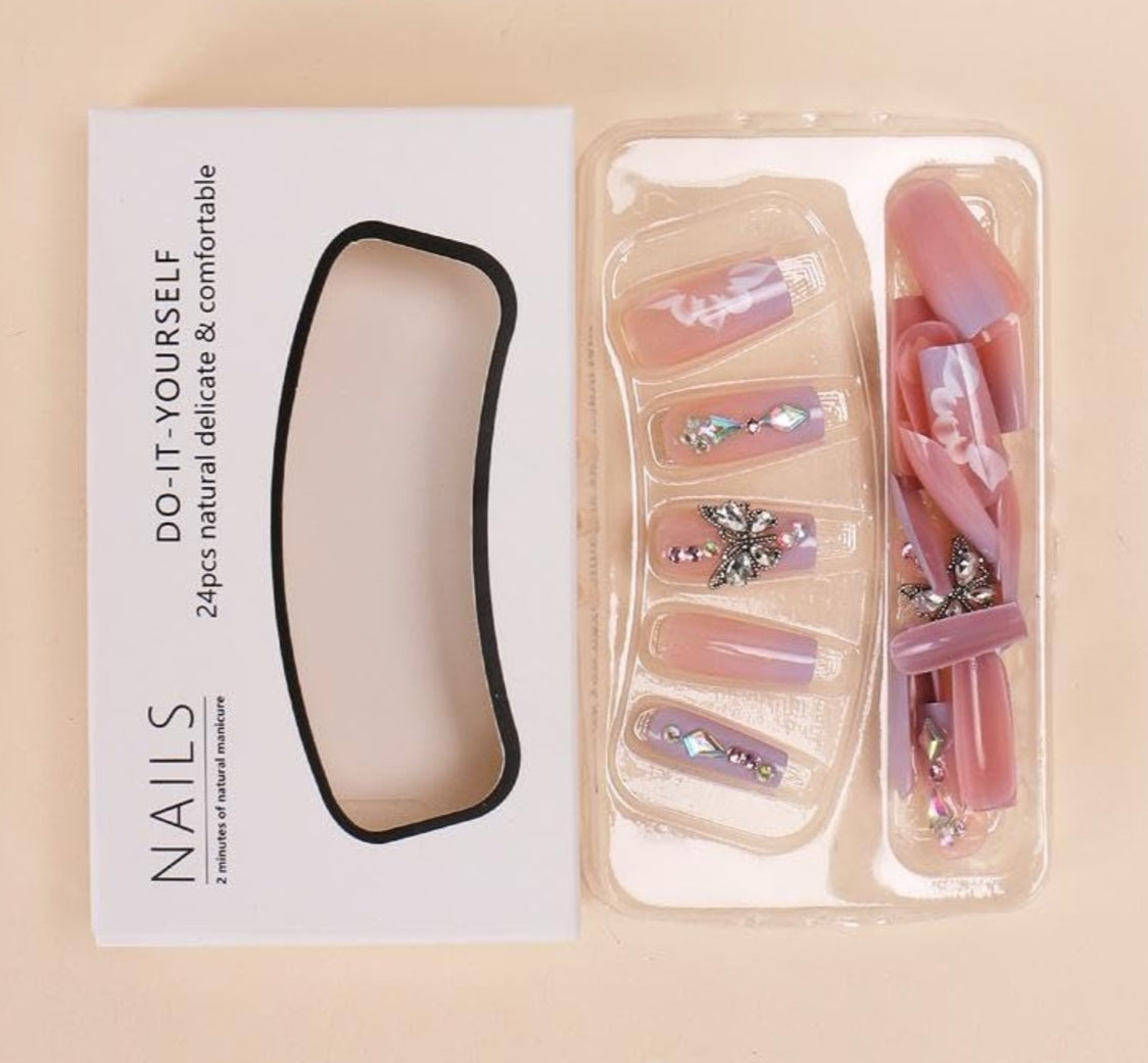 Stylish Ombre 3D Floral Butterfly Rhinestone Coffin Press-On Nails Artificial Nails 24 Pcs - Free Shipping