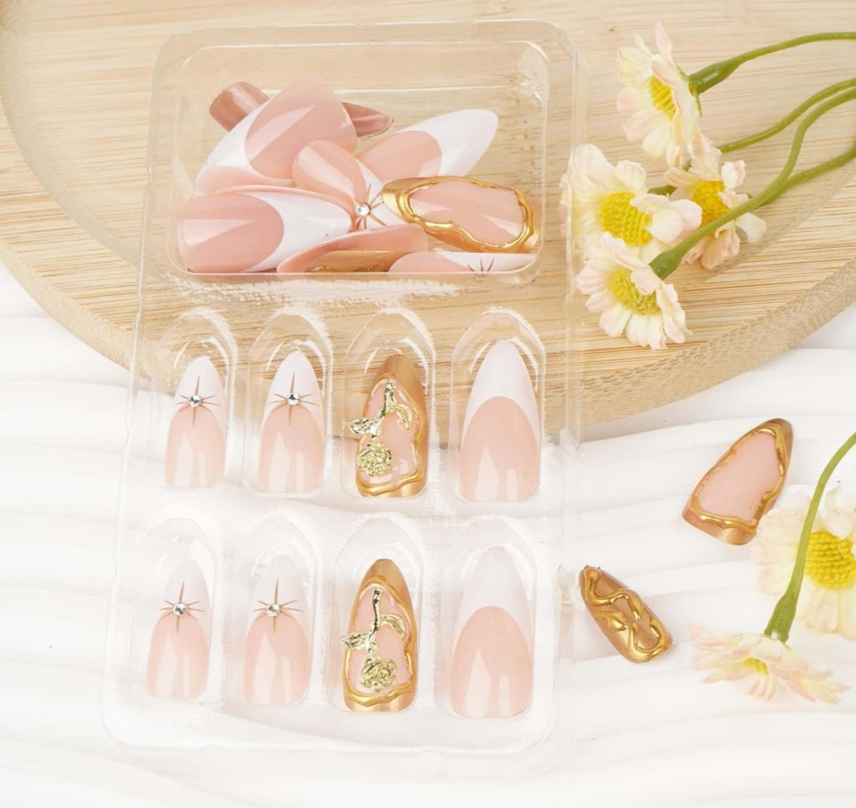 Stylish Almond White French Floral 3D Gold Star Rhinestone Press-On Nails Artificial Nails 24 Pcs – Free Shipping