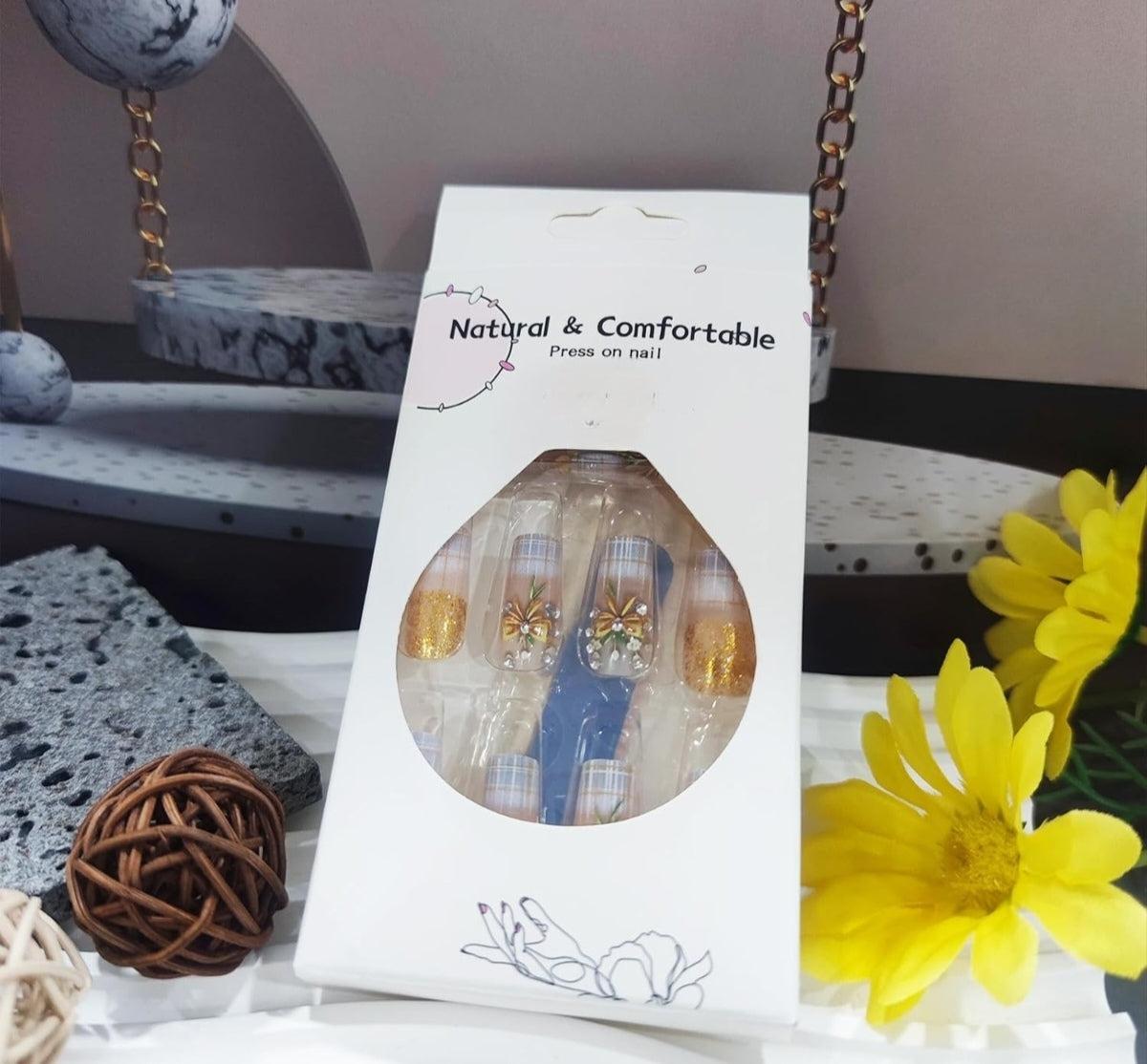 Gold Glitter Bow French Stripe Press-On Nails Fake Nails 24 Pcs – Free Shipping