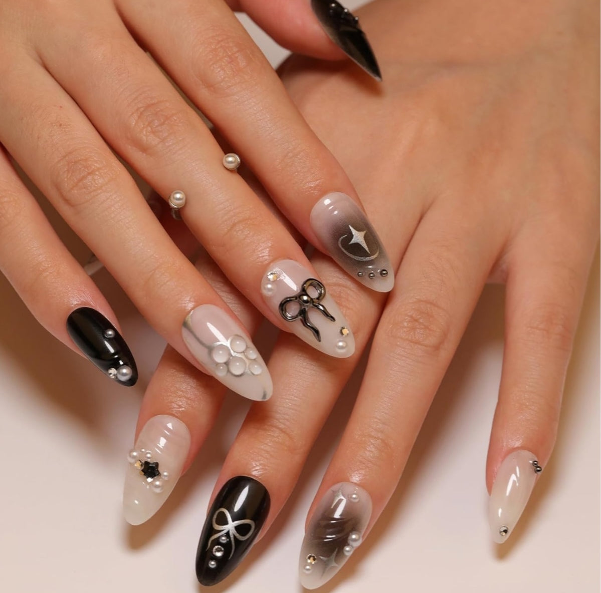 Elegant Black White 3D Pearl Rhinestone Almond Press-On Nails False Nails 24 Pcs – Free Shipping