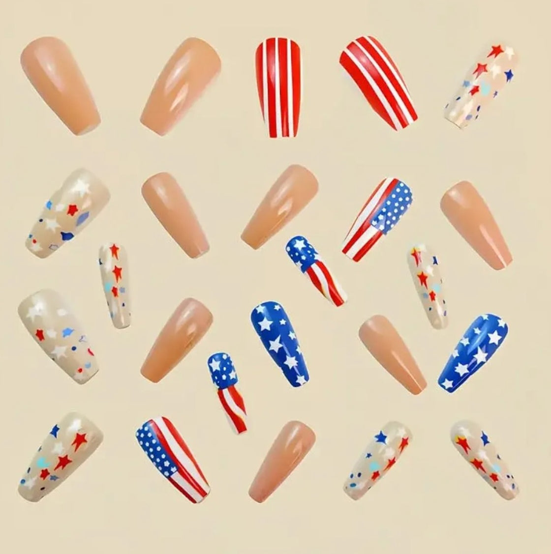 Elegant Patriotic Stars Stripes Press-On Nails Fake Artificial Nails 24 Pcs-Free Shipping