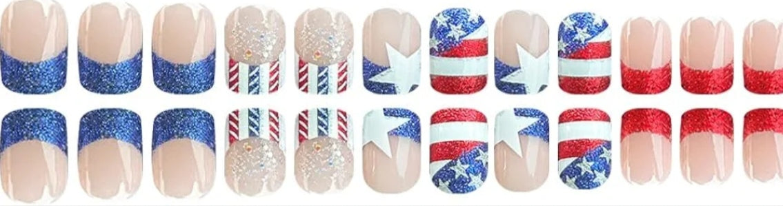 Chic Glitter Stripes Patriotic French Tip Press-On Nails Fake Artificial Nails 24 Pcs - Free Shipping