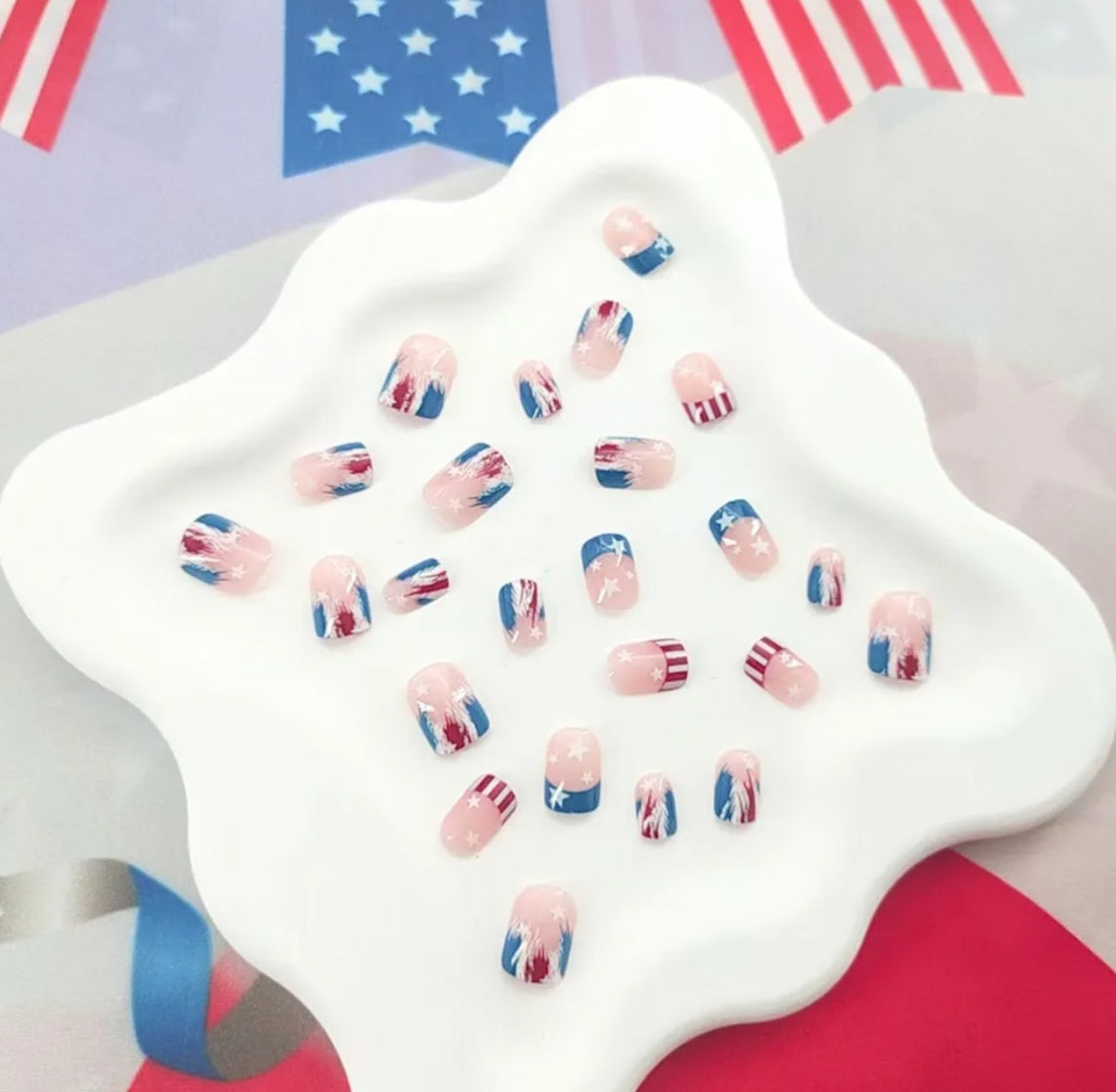 Trendy Patriotic Red White Blue French Tip Star Design Press-On Nails Fake Artificial Nails 24 Pcs-Free Shipping