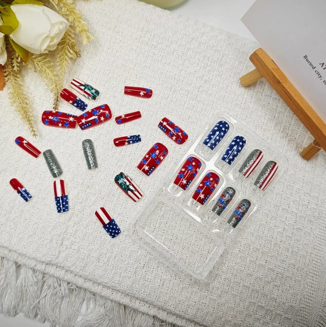 Trendy Patriotic American Flag Silver Chrome 3D Stars Press-On Nails Fake Artificial Nails 24 Pcs – Free Shipping
