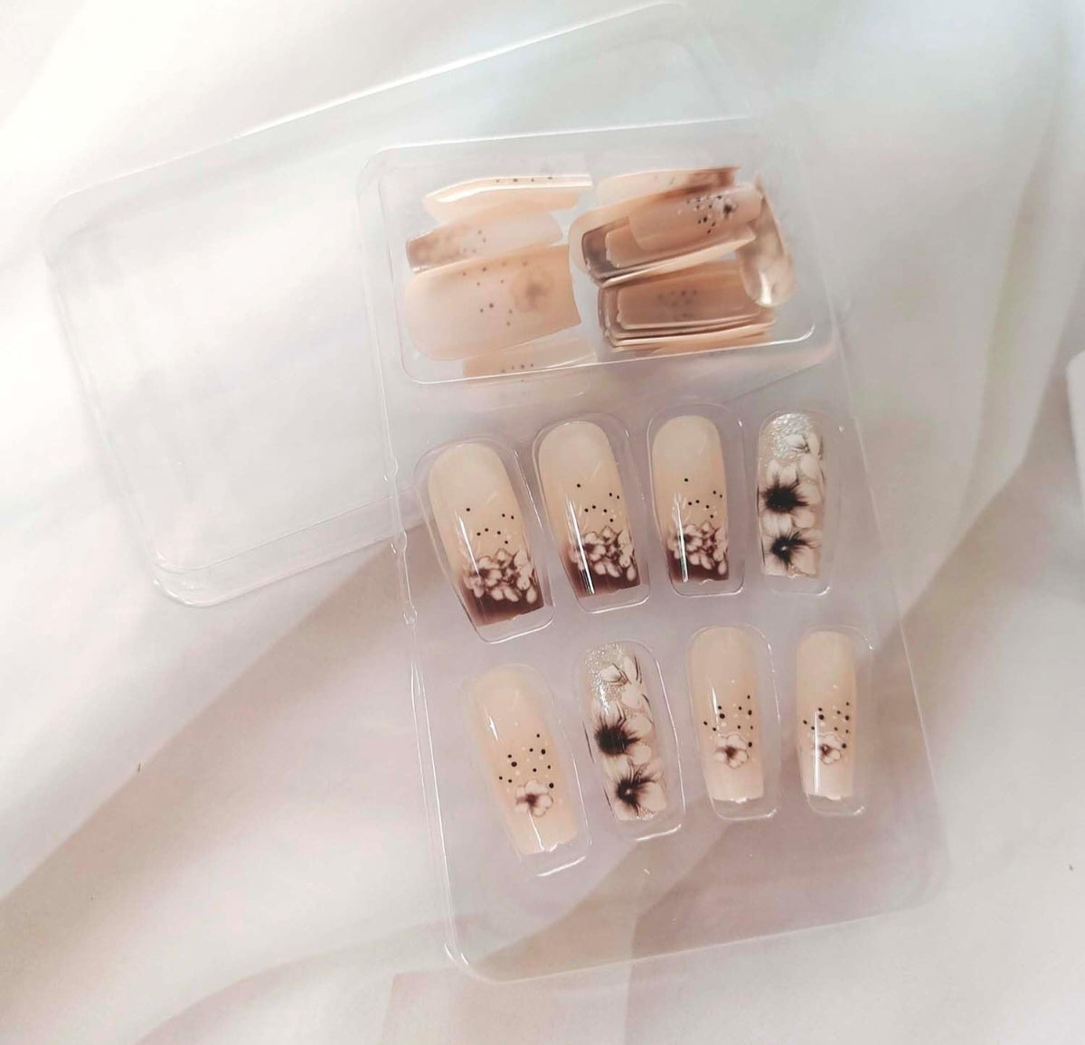 Floral Brown French Tip Press-On Nails Artificial Nails 24 Pcs - Free Shipping