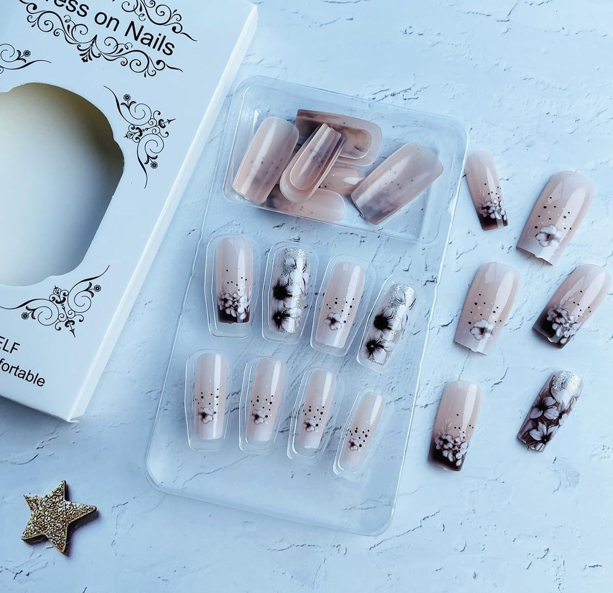 Floral Brown French Tip Press-On Nails Artificial Nails 24 Pcs - Free Shipping
