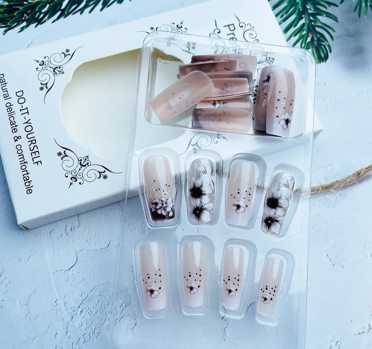 Floral Brown French Tip Press-On Nails Artificial Nails 24 Pcs - Free Shipping