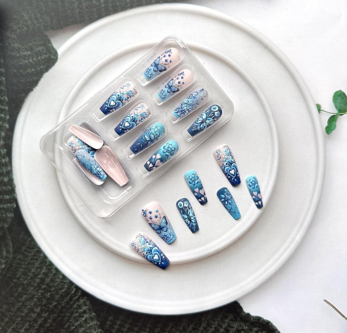 Stylish Blue Floral Butterfly Hearts Press-On Nails Artificial Nails 24 Pcs - Free Shipping