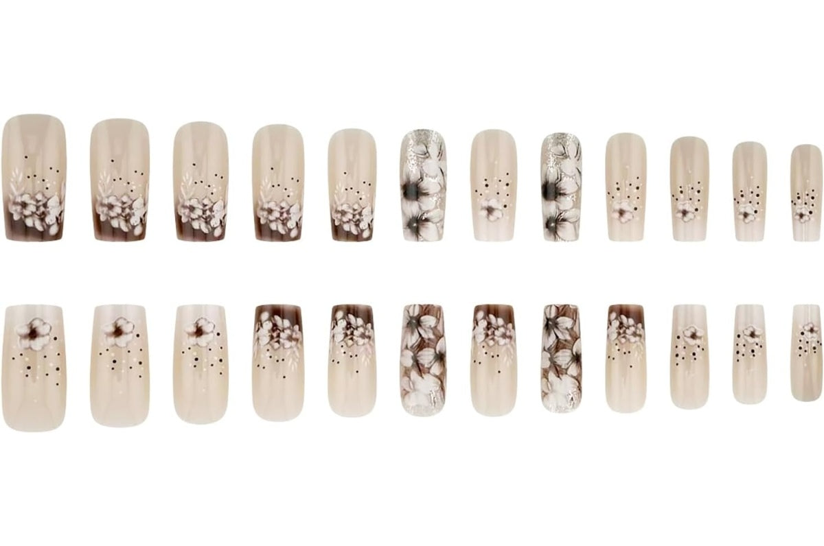 Floral Brown French Tip Press-On Nails Artificial Nails 24 Pcs - Free Shipping