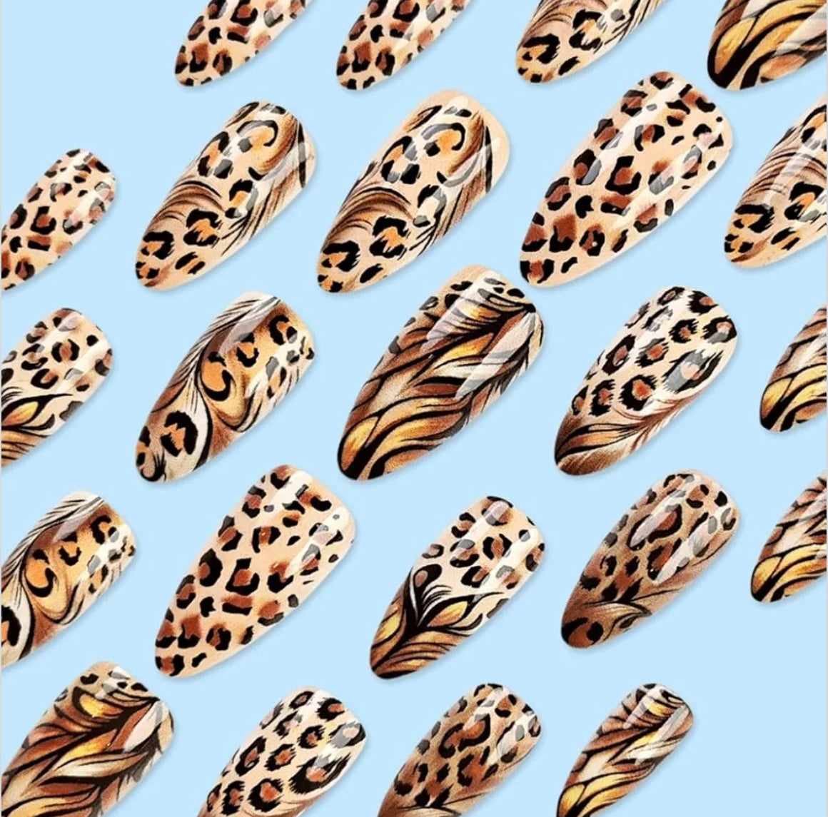 Chic Feather Leopard Print Gold Feather Press-On Nails Fake Artificial Nails 24 Pcs – Free Shipping