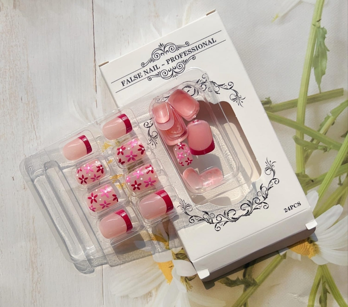 Chic Spring Floral French Tip Press-On Nails Fake Artificial Nails 24 Pcs – Free Shipping