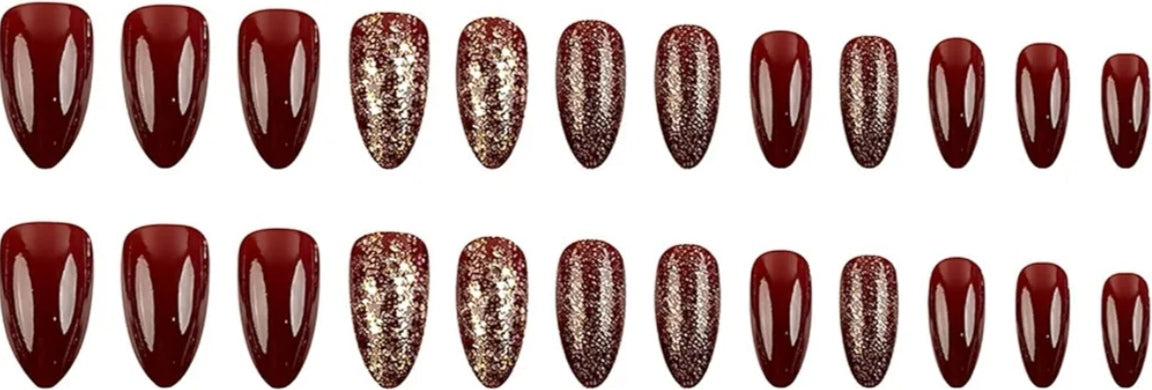 Elegant Red Gold Glitter Press-On Nails Fake Artificial Nails 24 Pcs – Free Shipping