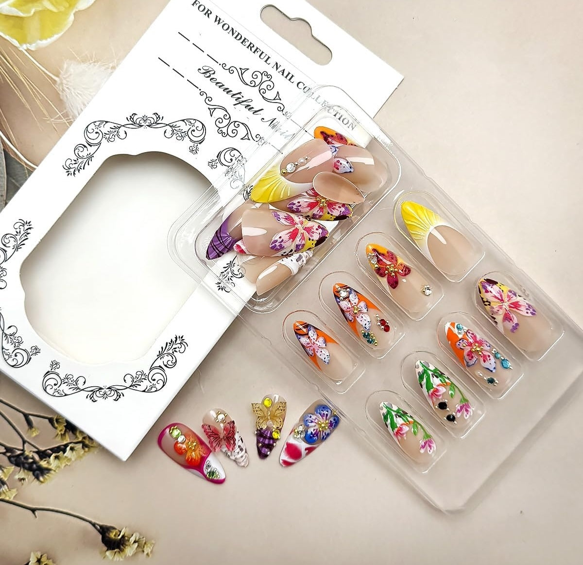 Vibrant Spring Butterfly Floral 3D Rhinestone Press-On Nails Fake Nails 24 Pcs – Free Shipping