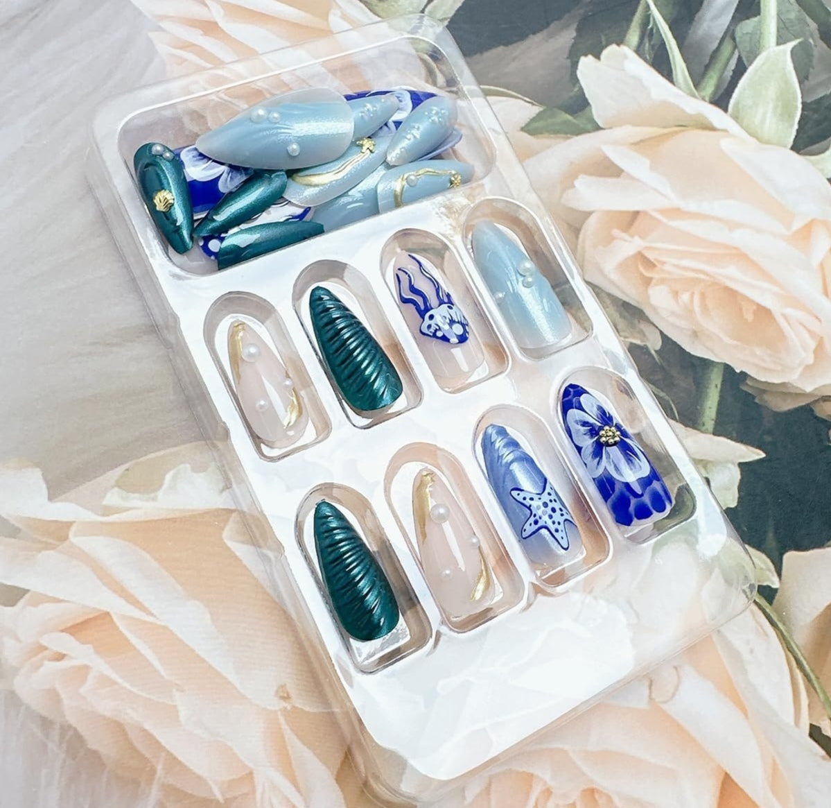 Stylish Blue Gradient 3D Pearl Ocean Theme Press-On Nails 24 Pcs - Free Shipping