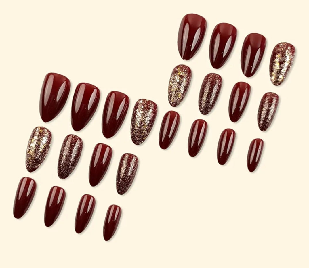 Elegant Red Gold Glitter Press-On Nails Fake Artificial Nails 24 Pcs – Free Shipping