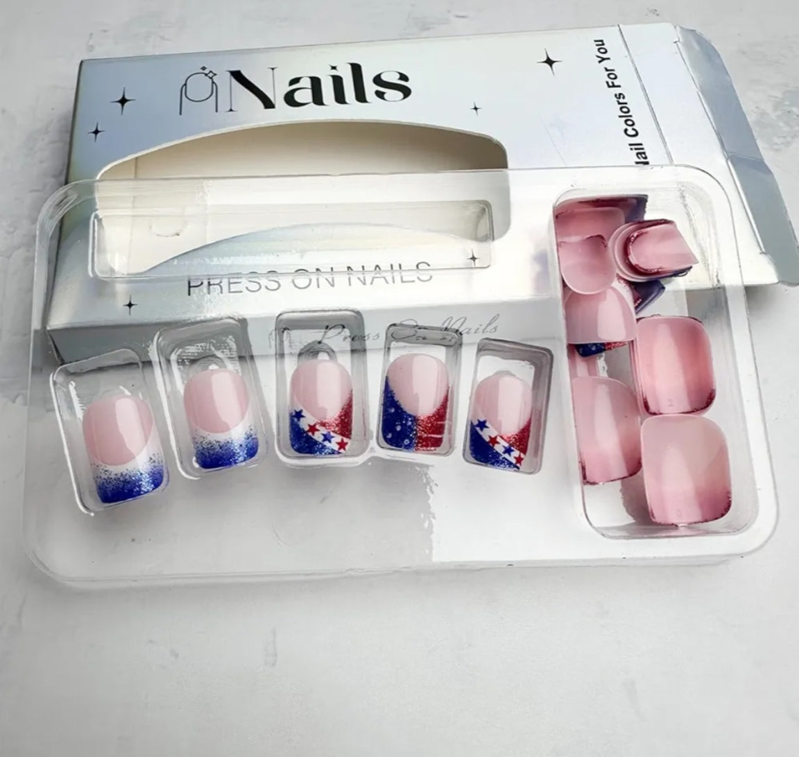 Trendy Patriotic Red White Blue French Glitter Stars Press-On Nails Fake Artificial Nails 24 Pcs – Free Shipping