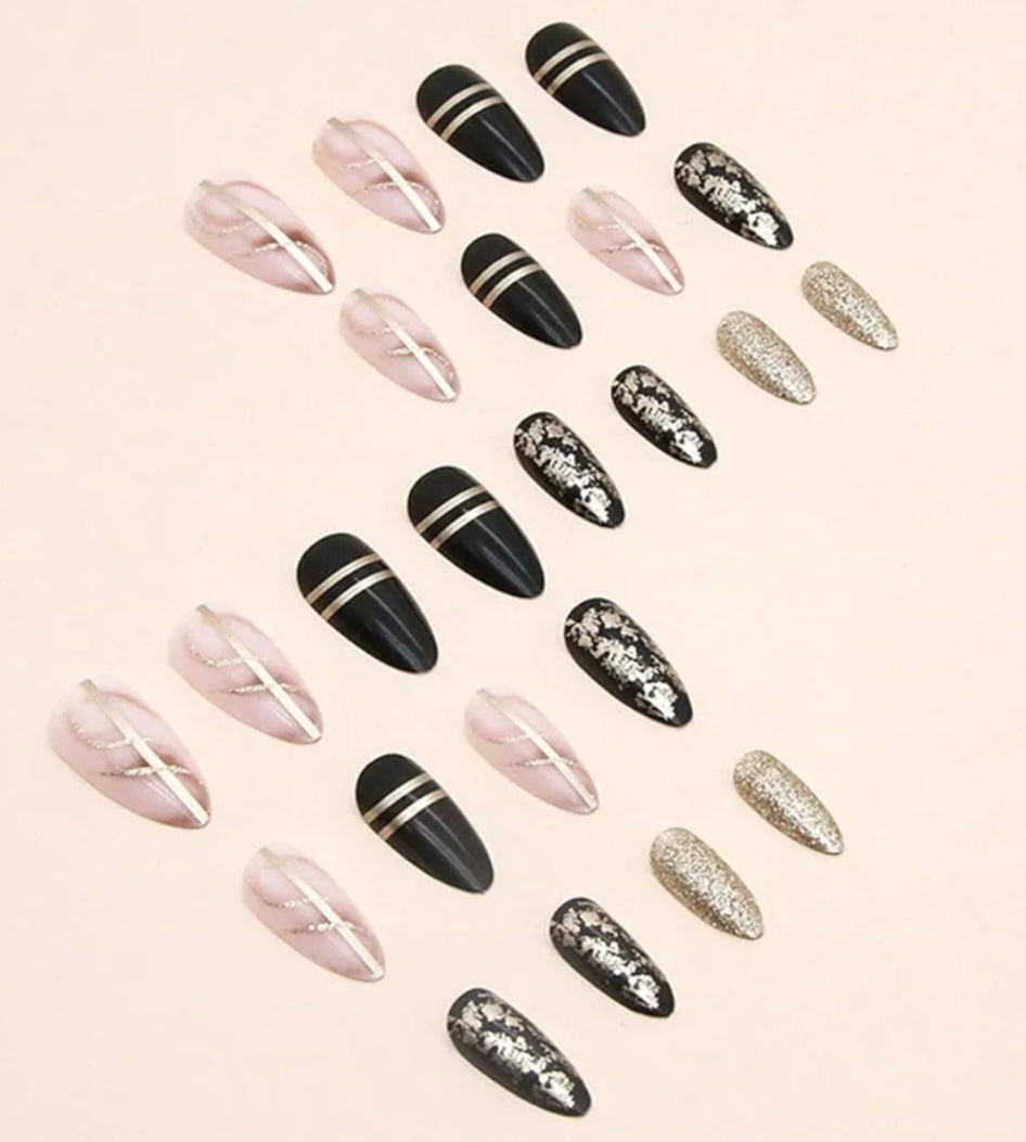 Trendy Black Gold Metallic Press-On Nails Fake Artificial Nails 24 Pcs–Free Shipping