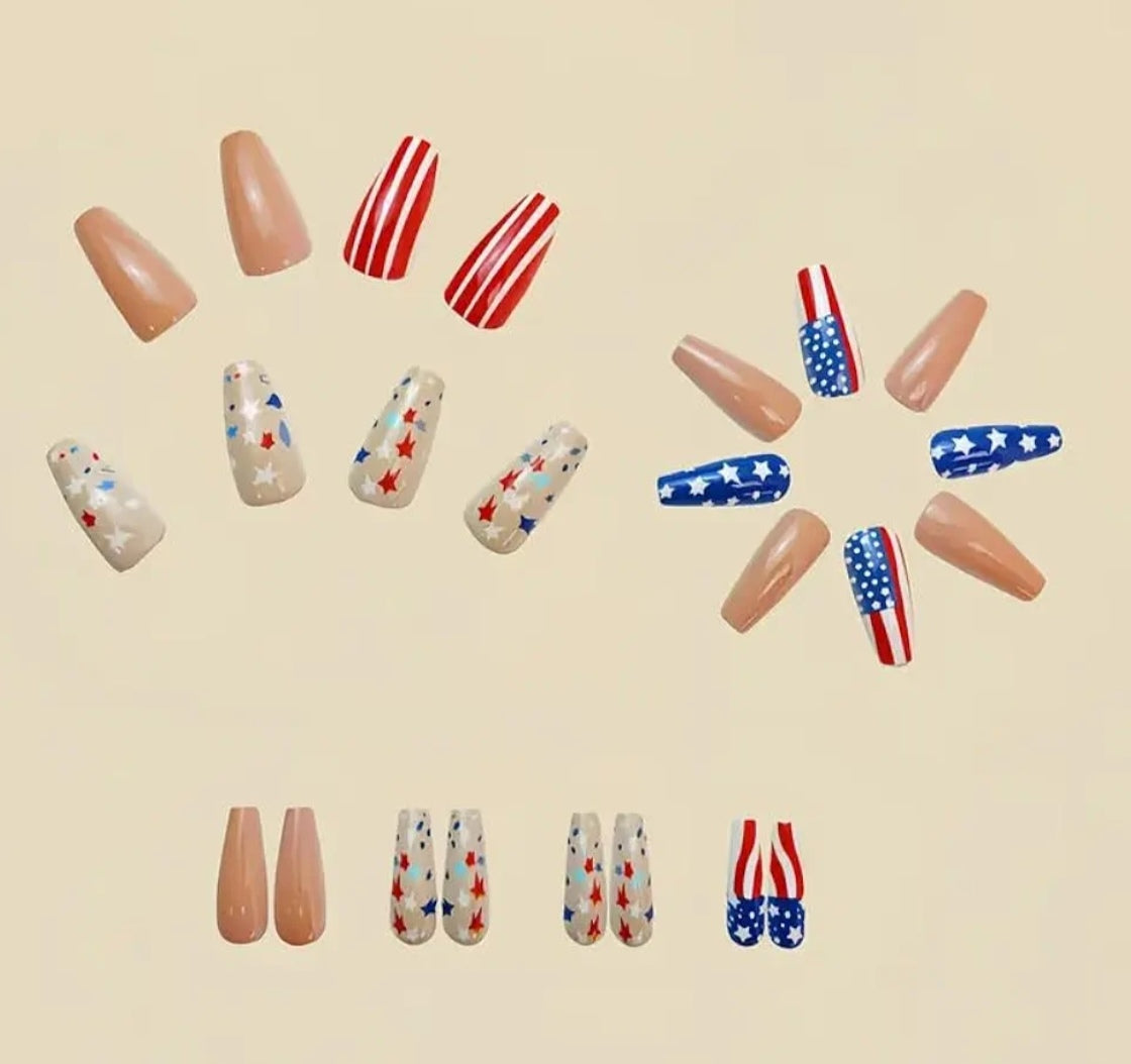 Elegant Patriotic Stars Stripes Press-On Nails Fake Artificial Nails 24 Pcs-Free Shipping