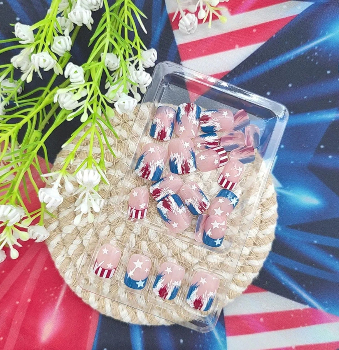 Trendy Patriotic Red White Blue French Tip Star Design Press-On Nails Fake Artificial Nails 24 Pcs-Free Shipping