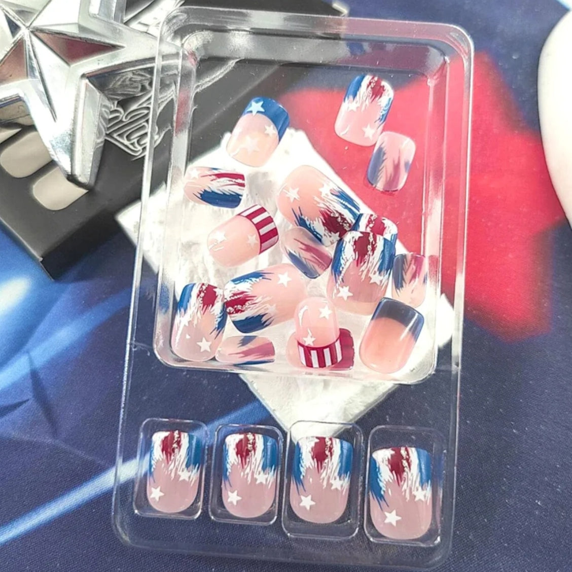 Trendy Patriotic Red White Blue French Tip Star Design Press-On Nails Fake Artificial Nails 24 Pcs-Free Shipping