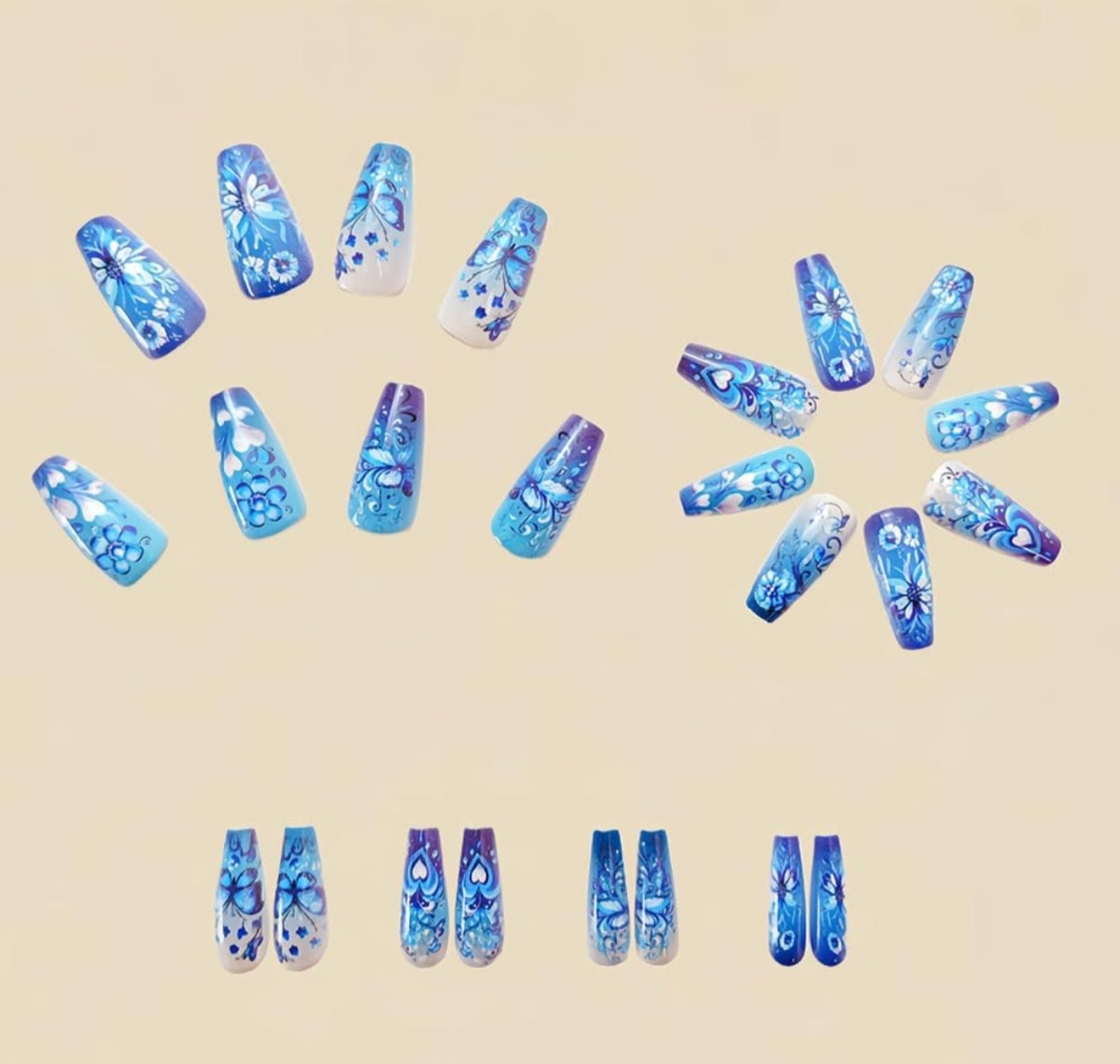 Stylish Blue Floral Butterfly Hearts Press-On Nails Artificial Nails 24 Pcs - Free Shipping