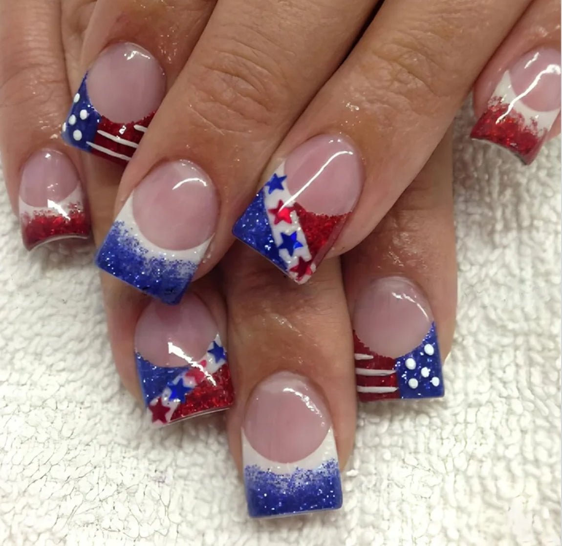 Trendy Patriotic Red White Blue French Glitter Stars Press-On Nails Fake Artificial Nails 24 Pcs – Free Shipping