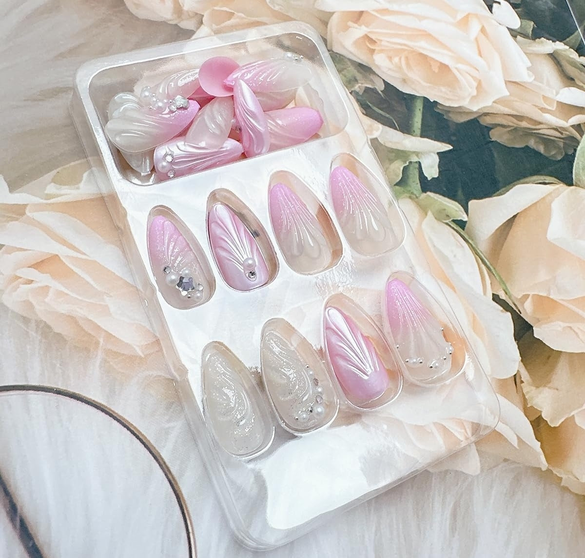 Stunning Pink Pearl 3D Seashell Rhinestones Press-On Nails Artificial Nails 24 Pcs – Free Shipping