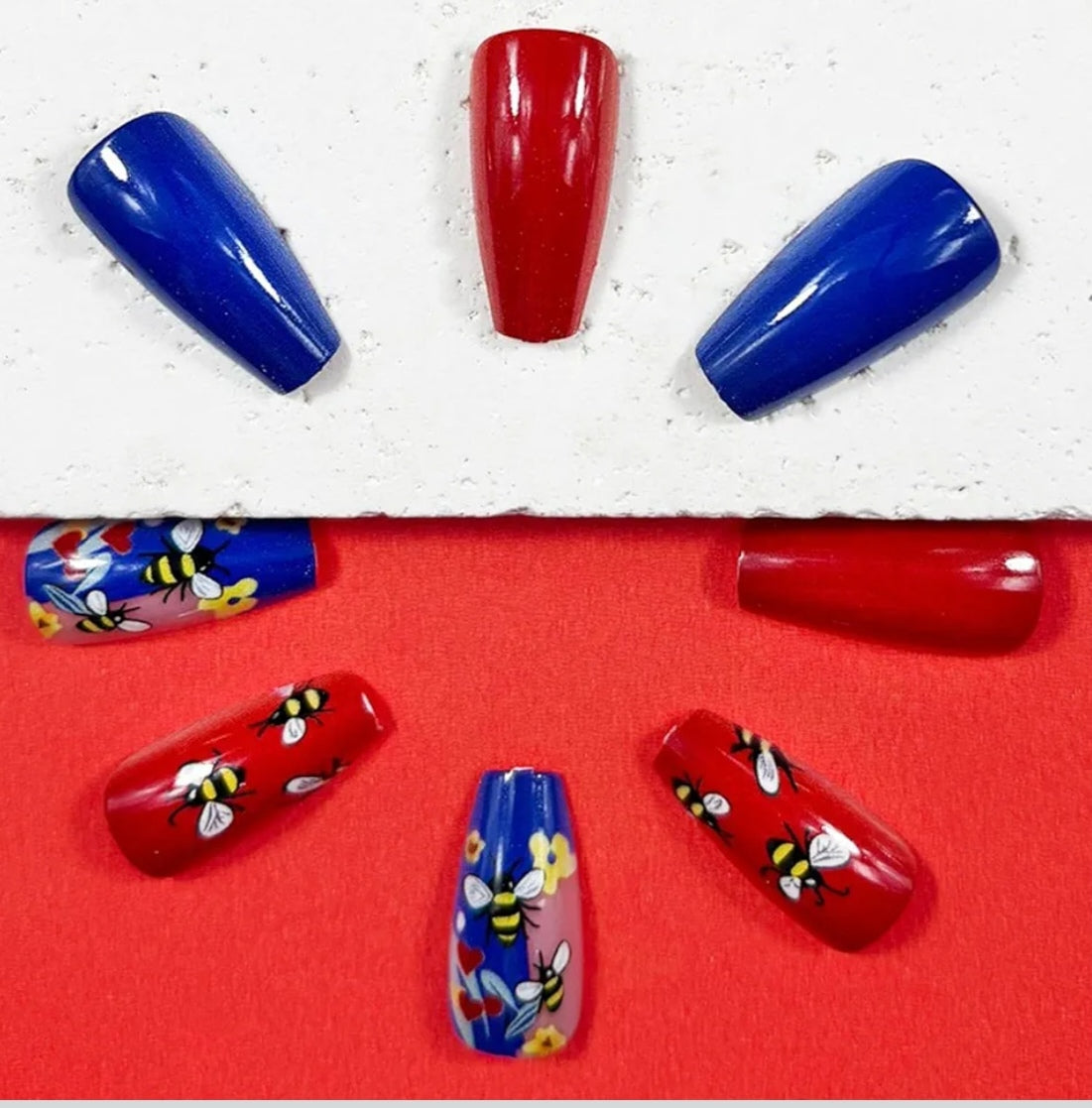 Fun Floral Bee Heart Patriotic Design Press-On Nails Fake Artificial Nails 24 Pcs - Free Shipping