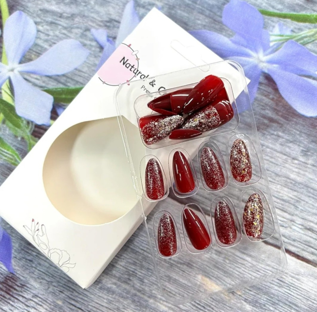 Elegant Red Gold Glitter Press-On Nails Fake Artificial Nails 24 Pcs – Free Shipping