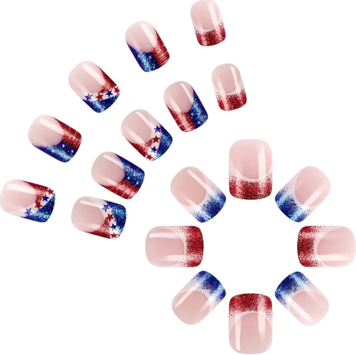 Trendy Patriotic Red White Blue French Glitter Stars Press-On Nails Fake Artificial Nails 24 Pcs – Free Shipping