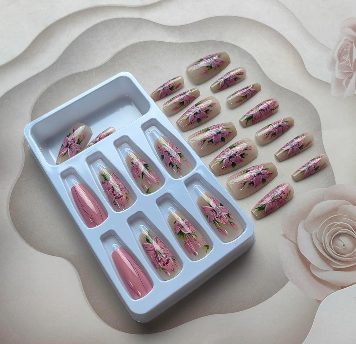 Pink Lily Floral Press-On Nails Artificial Nails 24 Pcs - Free Shipping