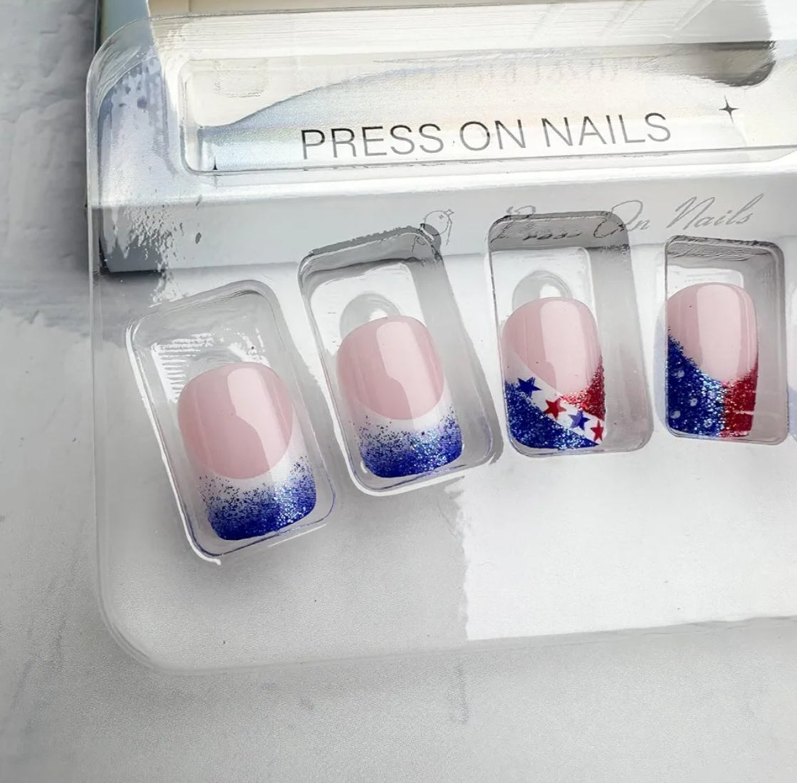 Trendy Patriotic Red White Blue French Glitter Stars Press-On Nails Fake Artificial Nails 24 Pcs – Free Shipping