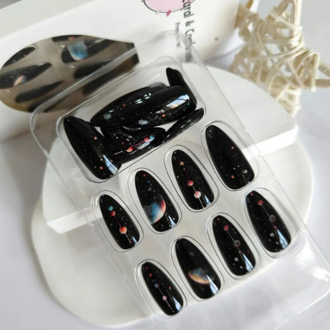 Stylish Black Galaxy Space Nail Art Press-On Nails Fake Artificial Nails 24 Pcs – Free Shipping