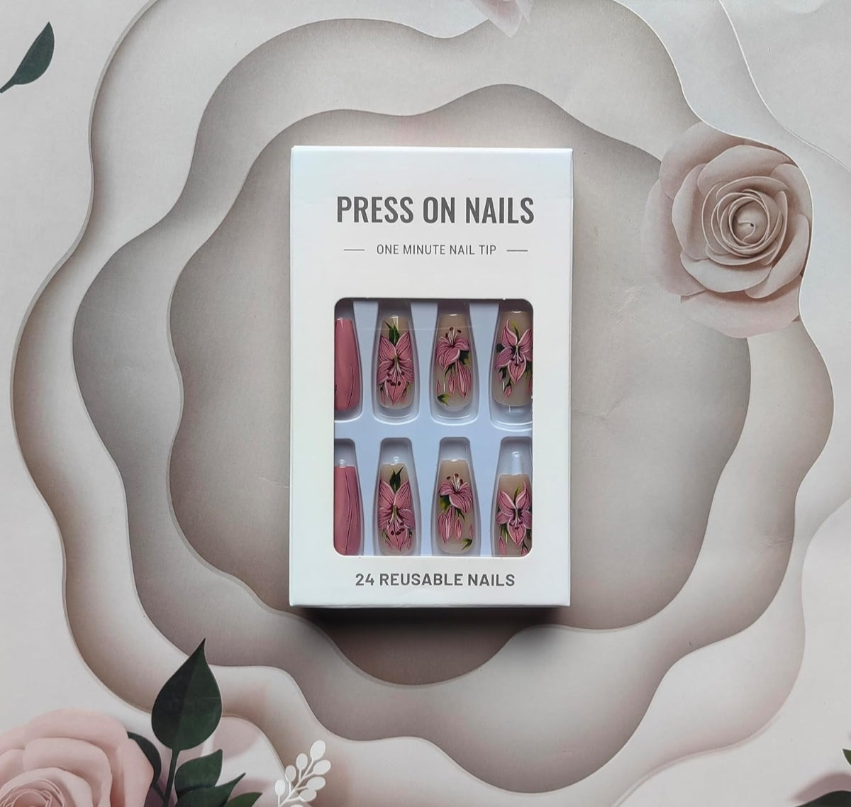 Pink Lily Floral Press-On Nails Artificial Nails 24 Pcs - Free Shipping