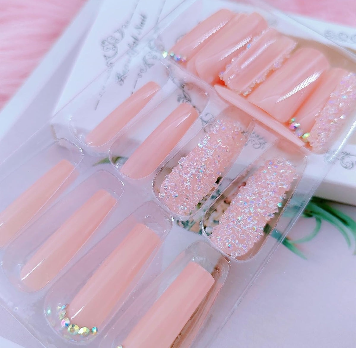 Glitter Nude Rhinestone Glam Long Coffin Press-On Nails Artificial Nails 24 Pcs - Free Shipping