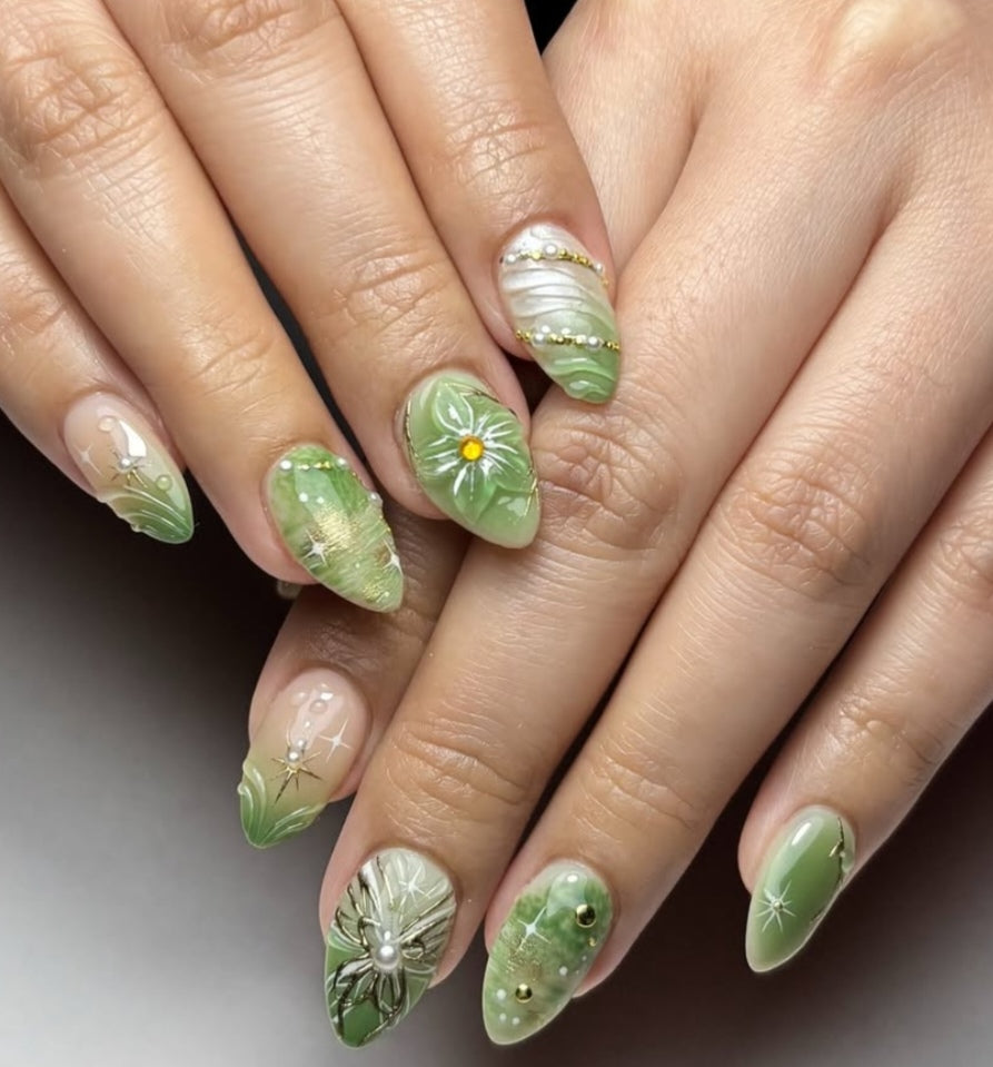 Elegant 3D Flower Pearl Rhinestone Almond Press-On Nails Fake Nails 30 Pcs - Free Shipping