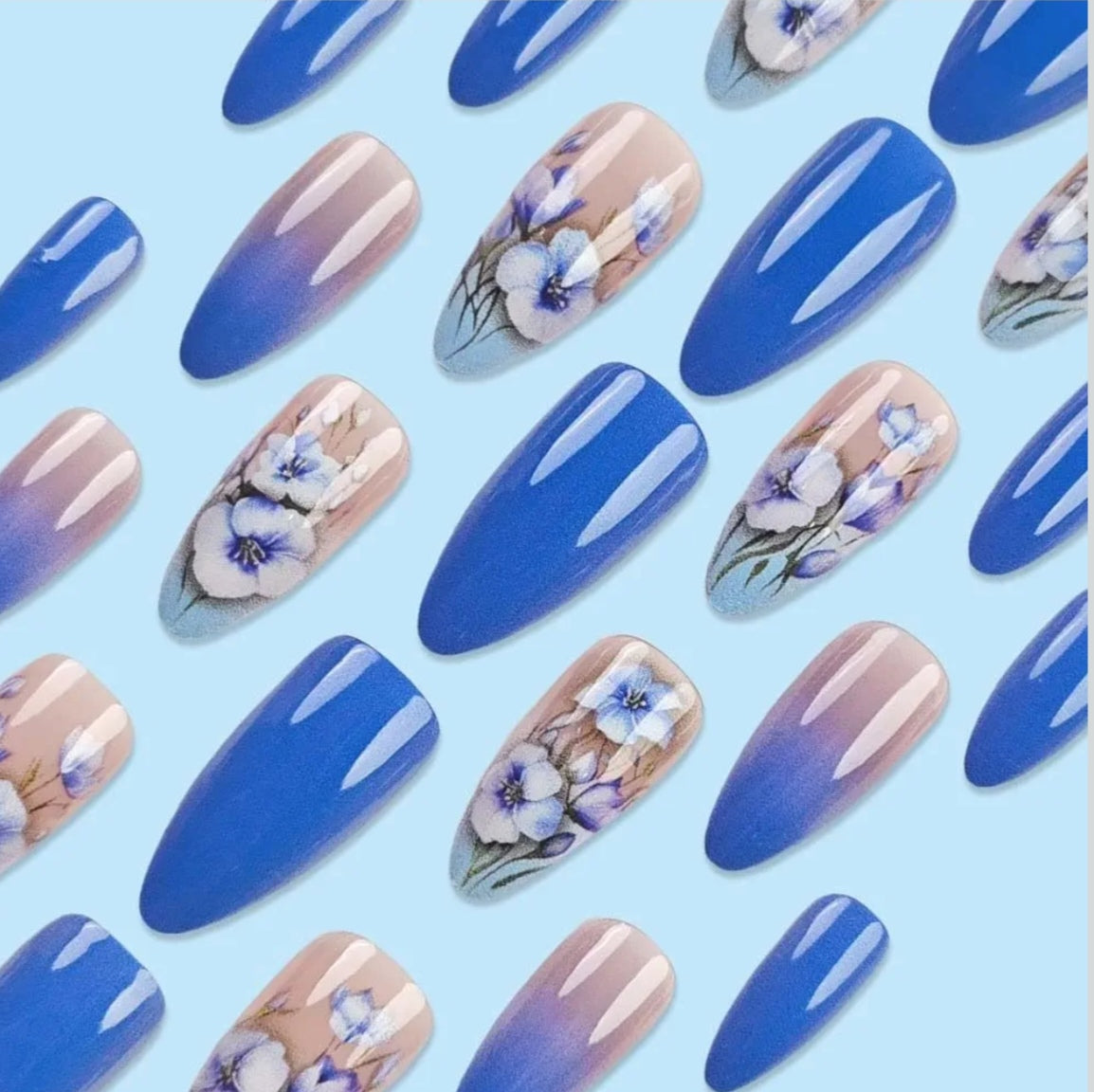 Elegant Blue Gradient Floral Art Press-On Nails Fake Artificial Nails 24 Pcs – Free Shipping