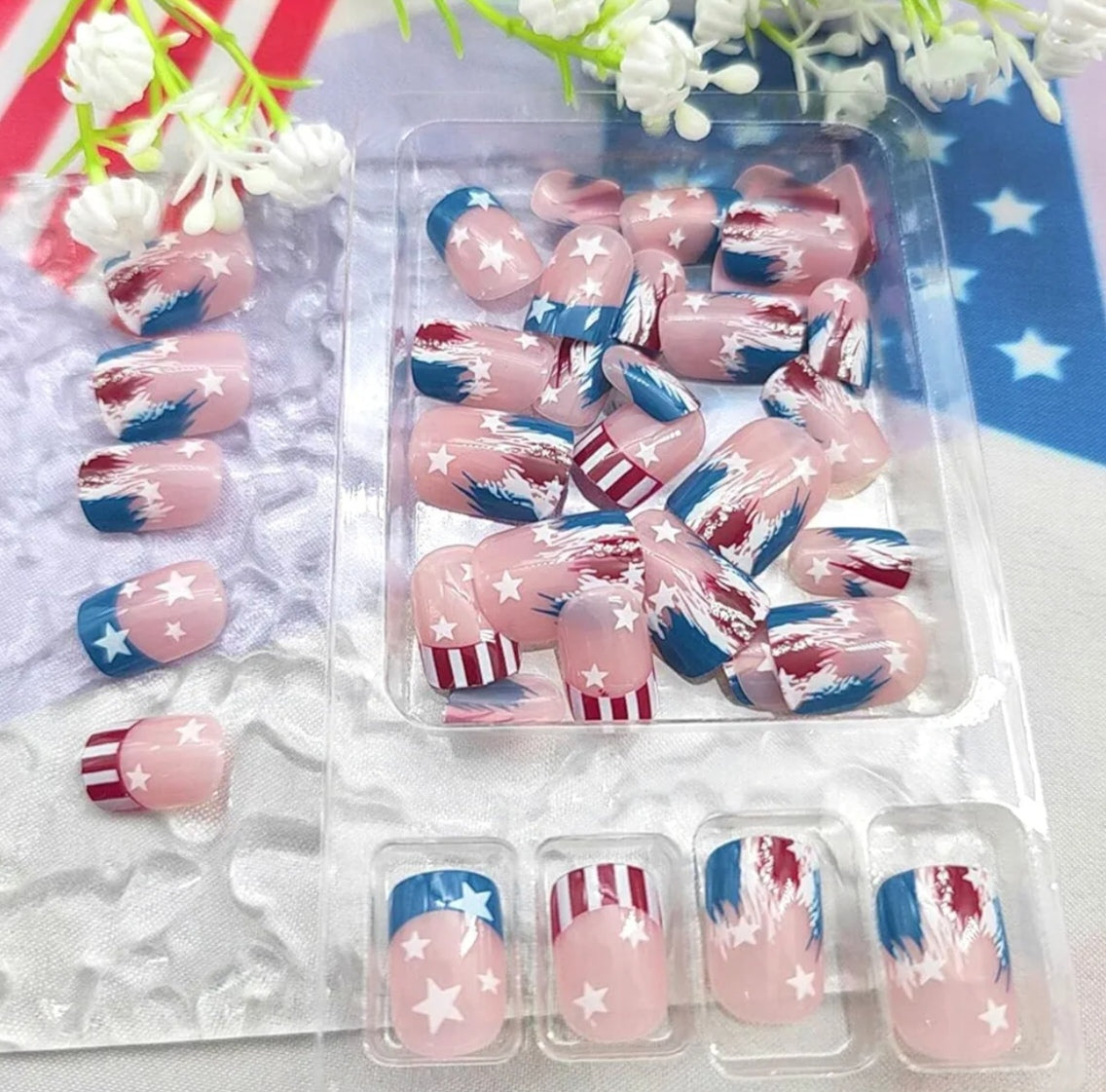 Trendy Patriotic Red White Blue French Tip Star Design Press-On Nails Fake Artificial Nails 24 Pcs-Free Shipping
