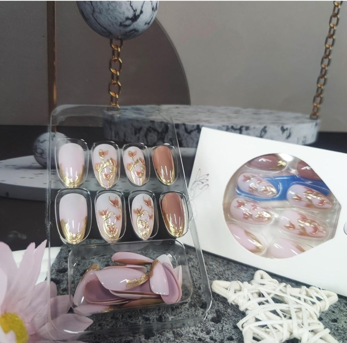 Elegant Gold French Tip 3D Almond Floral Press-On False Nails 24 Pcs – Free Shipping