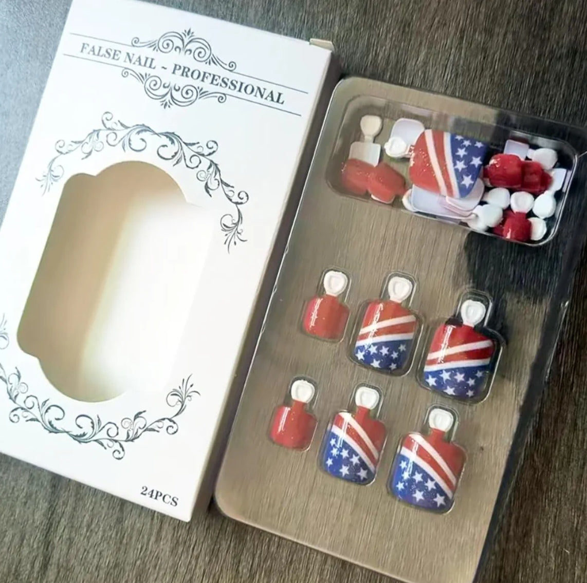 Trendy Red Glitter Patriotic Stars Press-On Toenails Fake Artificial Nails 24 Pcs-Free Shipping