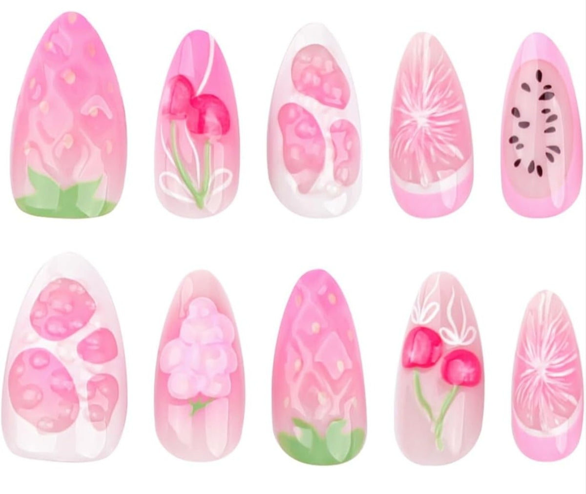 Stylish 3D Pink Cherry Grape Press-On Nails Fake Nails 24 Pcs - Free Shipping