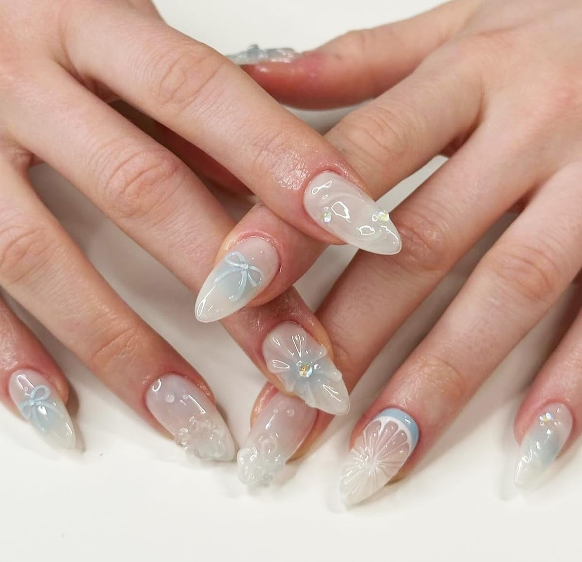 Chic Blue Bow 3D Ombre Floral Press-On Nails Artificial Nails 24 Pcs - Free Shipping