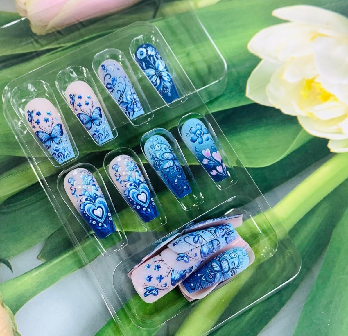 Stylish Blue Floral Butterfly Hearts Press-On Nails Artificial Nails 24 Pcs - Free Shipping