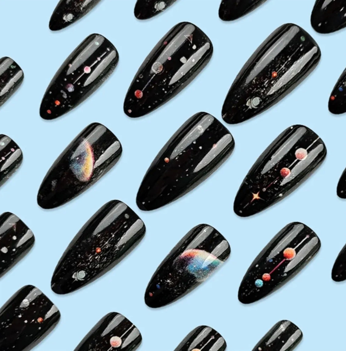 Stylish Black Galaxy Space Nail Art Press-On Nails Fake Artificial Nails 24 Pcs – Free Shipping